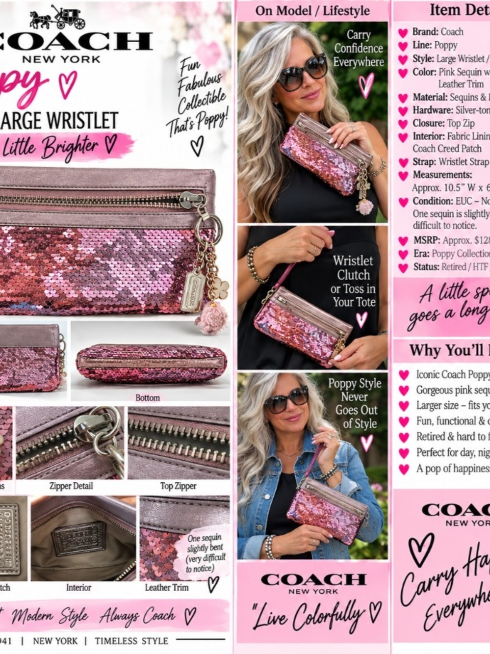 Coach Poppy Pink Sequin Large Wristlet Clutch Limited Release HTF EUC
